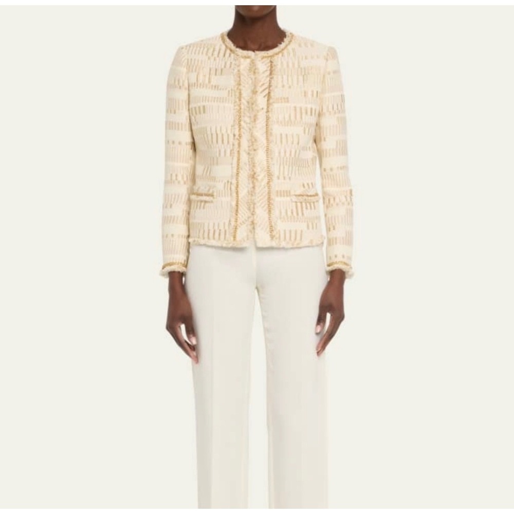 KOBI HALPERIN Kosta Metallic Chain-Trim Jacket Medium Gold Cream NEW Tweed Chain